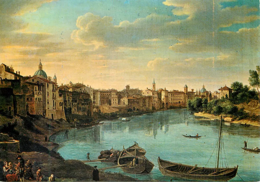 Roma no '600 e '700 — Vista do Tevere entre o porto da Legna e o novo porto de Ripetta — Souvenirs Roma, reprodução de Ugo Bozzi - Frente