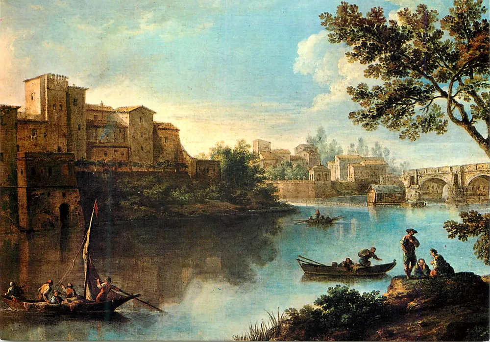 Roma no '600 e '700 — Paolo Anesi (ca. 1700 - depois de 1761) — O Tevere na Ilha Tiberina depois do Ponte Cestio com no longe o Ponte Rotto — Éditeur Ugo Bozzi - Frente