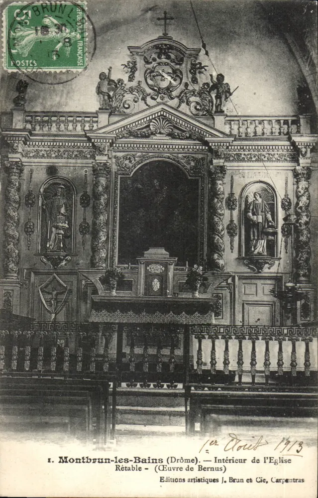 Montbrun-les-Bains (Drôme) — Innenansicht der Kirche — Retabel (Werk von Bernus) — Künstlerische Editionen J. Brun et Cie, Carpentras - Vorderseite