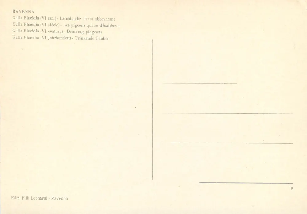 Galla Placidia (6. Jahrhundert) — Die Tauben, die sich erfrischen — Edition F.lli Leonardi, Ravenna, Nr. 19 - Rückseite