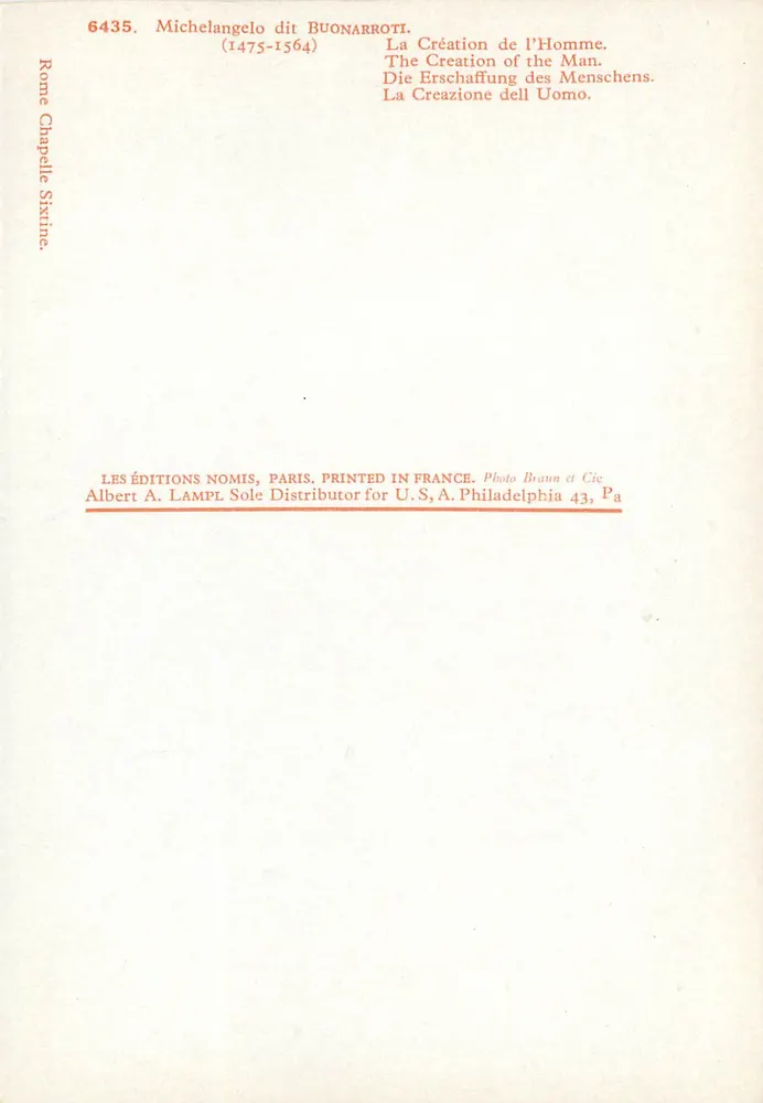 Die Schöpfung des Menschen — Fresko von Michelangelo — Éditions Nomis, Paris - Rückseite