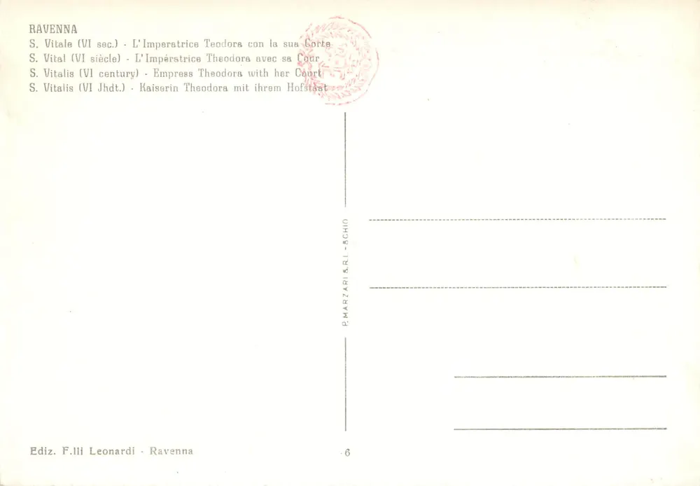 Ravenna — Mosaik der Kaiserin Theodora mit ihrer Hofhaltung — S. Vitalis (6. Jahrhundert) — Edition F.lli Leonardi - Rückseite