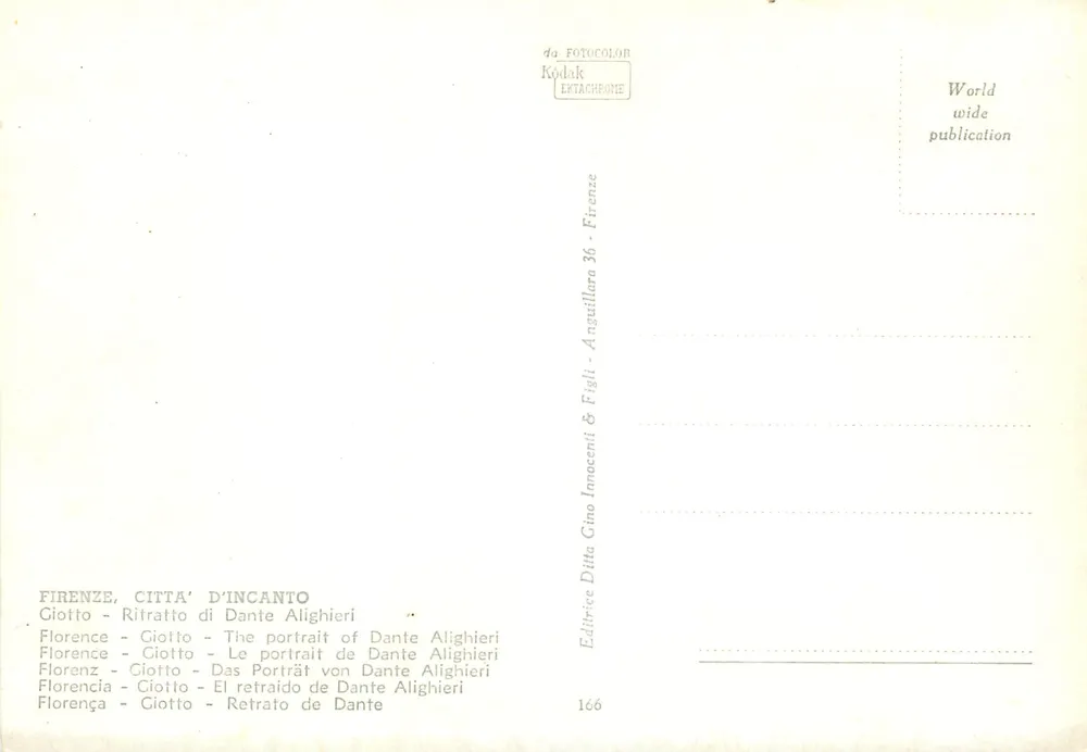 Florence, Citta' d'Incanto — Portrait de Dante Alighieri — Éditions Gino Innocenti & Fils - Verso