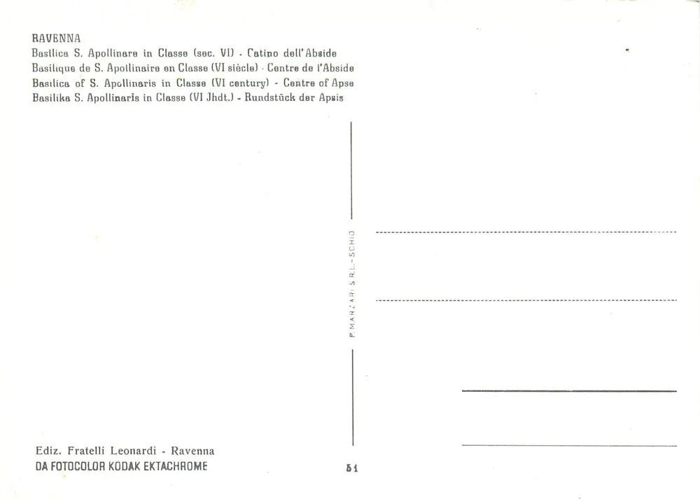 Ravenna — Basilika S. Apollinaire in Classe (6. Jahrhundert) — Mitte der Apse — Ediz. Fratelli Leonardi - Ravenna - Rückseite