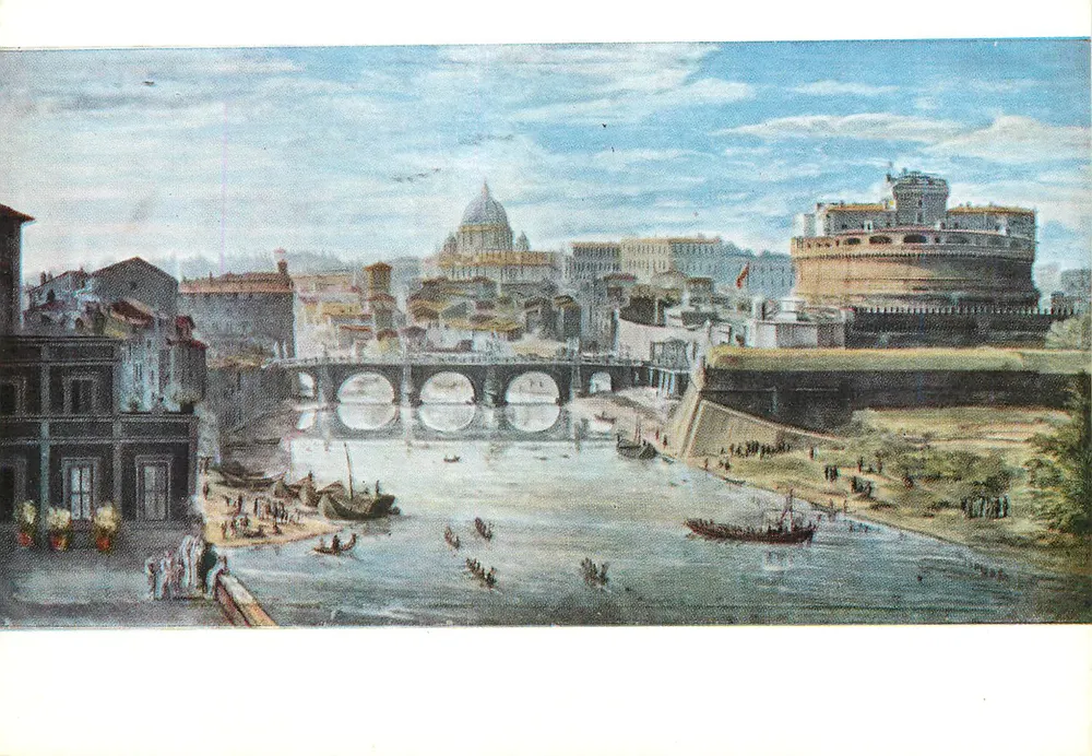 Rom - Ansicht des Tiber mit Castel Sant'Angelo und Basilika St. Peter — Pinacotheca Capitolina, herausgegeben von I.I.A.G. Bergamo - Vorderseite