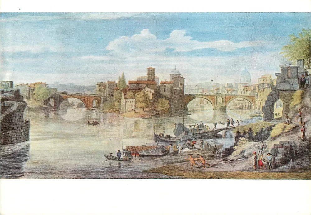 Ansicht der Isola Tiberina in Rom — Isola Tiberina (Gaspare van Wittel) — Pinacoteca Capitolina - Vorderseite