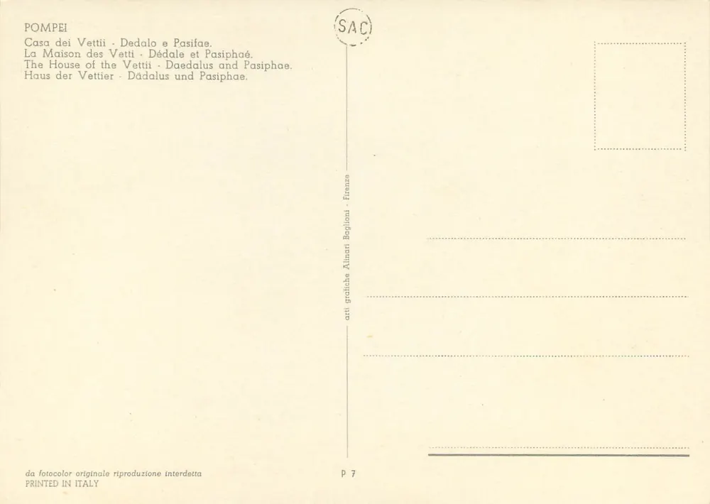 Pompeï - Huis van de Vettii - Dedalus en Pasifae — uitgever Arti Grafiche Alinari Baglioni, Florence, n° P 7 - Achterkant