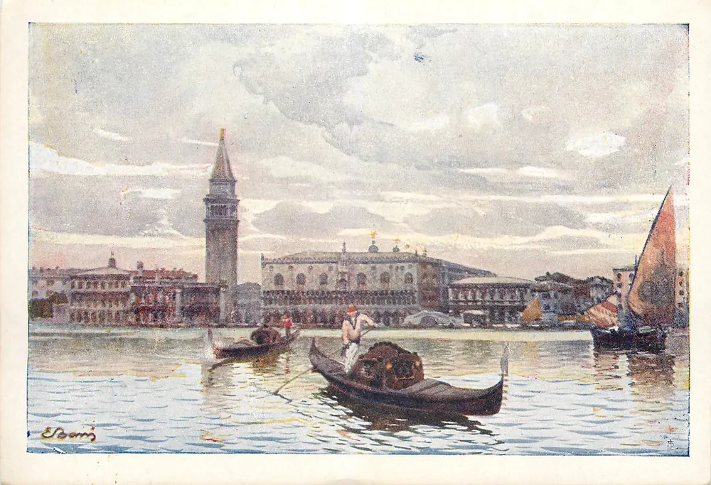 Vista de Veneza — Campanile e gôndolas — Proprietà Artistica C. Varagnolo, Veneza - Frente