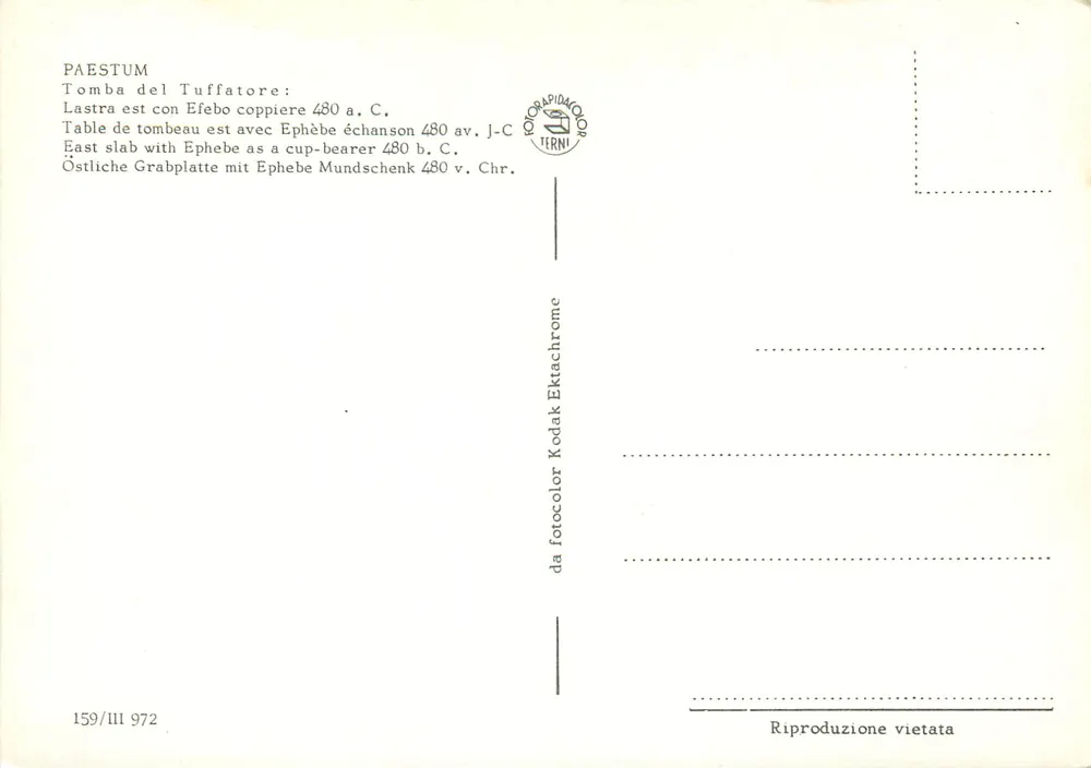 Paestum — Tomba del Tuffatore — Rappresentazione funeraria con ephebo portatore di cratera — Editore Terni, n° 159/III 972 - Verso
