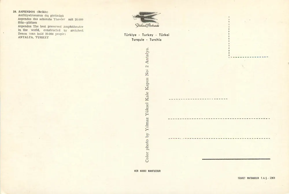 Aspendos (Belkis) — O anfiteatro melhor preservado do mundo — Yılmaz Yüksel Postcards - Verso