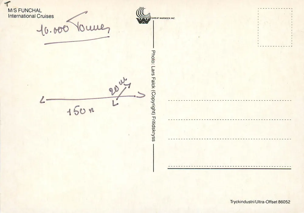 M/S FUNCHAL — Croisière internationale — Great Warwick Inc. - Verso
