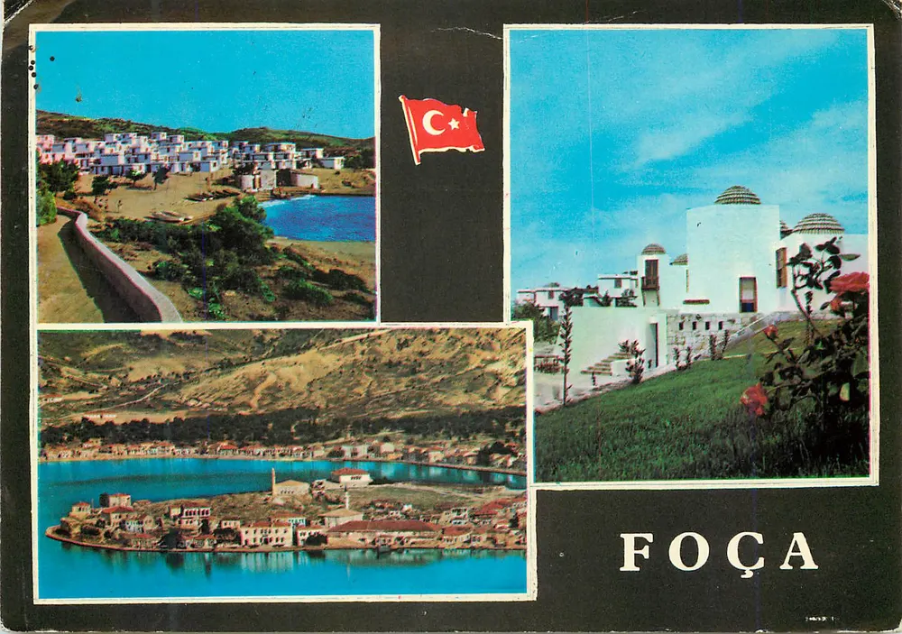 Foça — vista do vilarejo e paisagem — TICARET KARTPOSTALARI - Frente