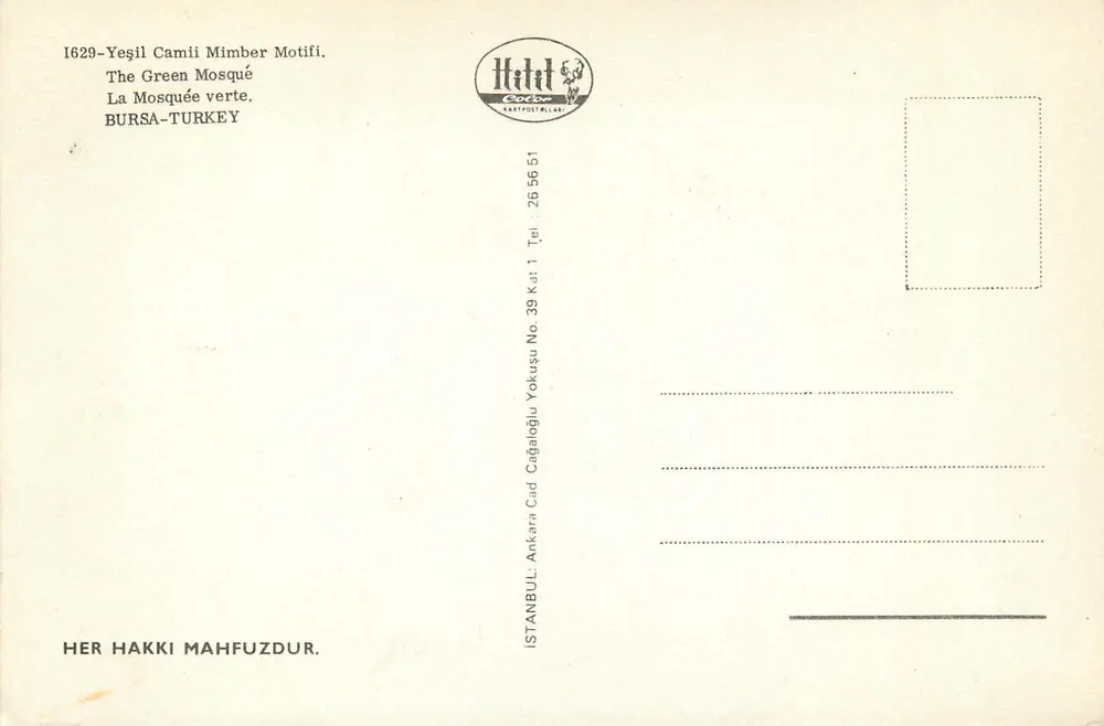 Grüne Moschee — Innenansicht des Mimbers — Verlag Haldt, Nr. 39 - Rückseite