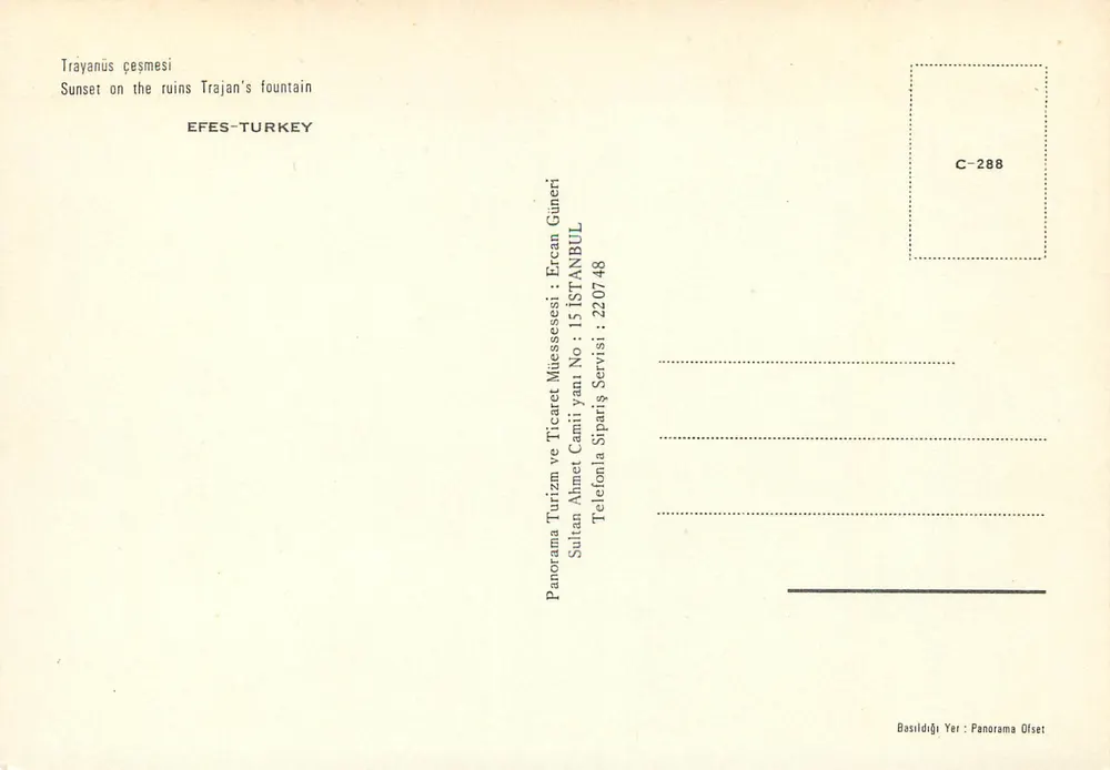 Sonnenuntergang über die Ruinen von Trajan — EFES-TÜRKIEN — Verlag Panorama Olset, Serie C-288 - Rückseite
