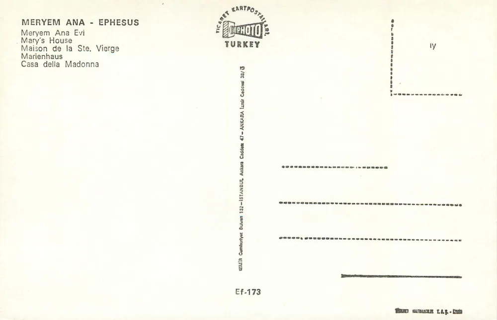 Maria Mutter - Ephesus — Haus der Jungfrau — Verlag TICKET KARTPOSTALAN TURKEY - Rückseite