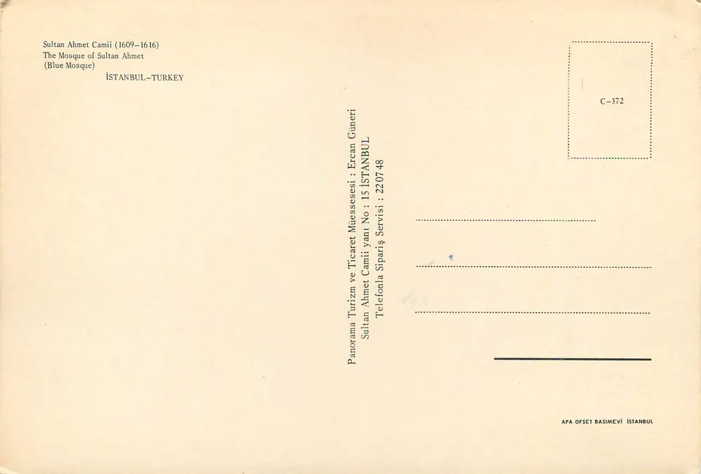 Blaue Moschee — Istanbul — Verlag APA OFSET BASIMEVİ, Nr. C-372 - Rückseite