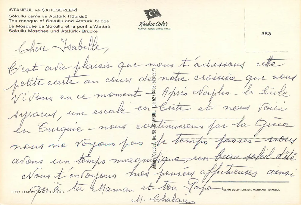 Istanbul und seine Denkmäler — Moschee von Sokullu und Brücke von Atatürk — Keskin Color, n° 383 - Rückseite