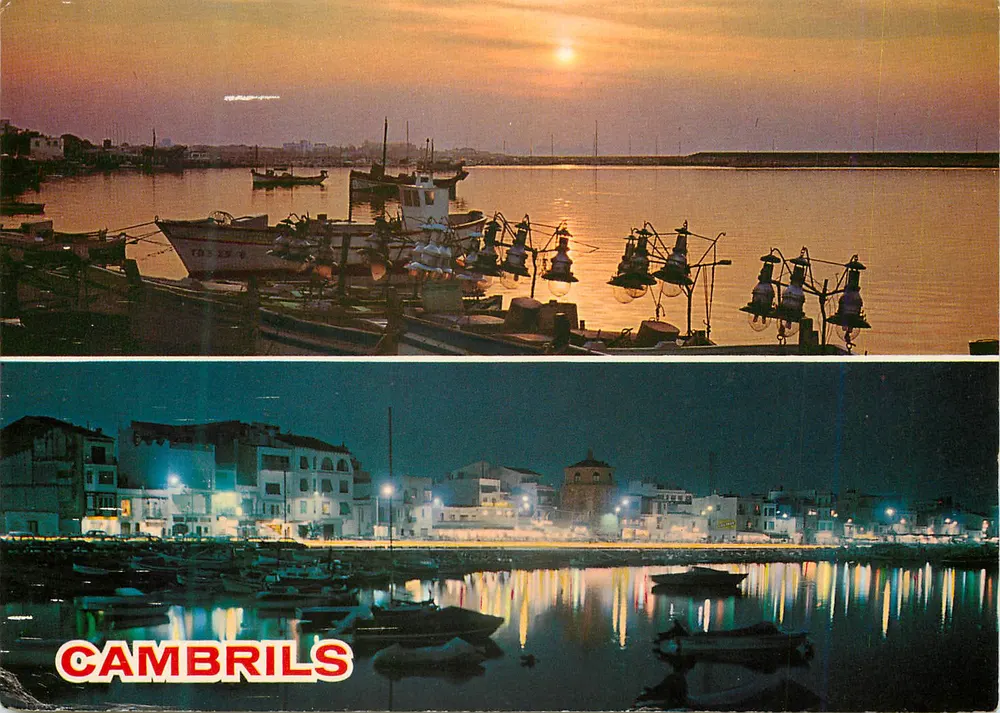 Cambrils — vista do porto ao pôr do sol e à noite — editor Fotomarca-Campaña-Puig-Ferrán, n° 6215 - Frente