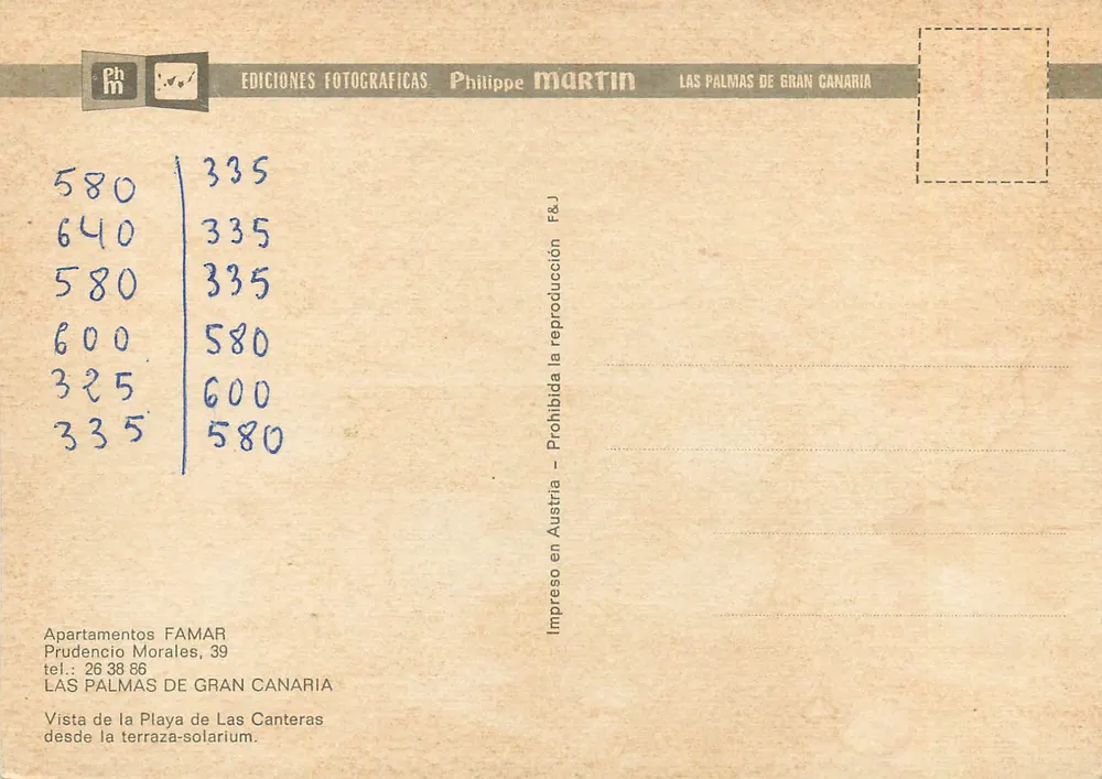 Apartments FAMAR — Las Canteras — Verlag Philippe Martin - Rückseite