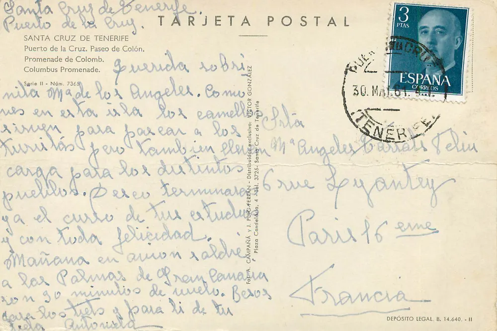 Santa Cruz de Tenerife — Promenade de Colomb mit Dromedaren — Víctor González, Serie II, N° 7365 - Rückseite