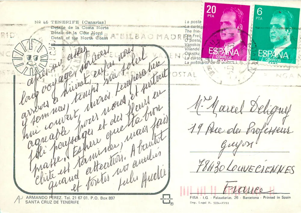 Palmen und gelbe Blumen — Ansicht der Nordküste von Teneriffa — Verlag FISA - I.G. Palaudarias - Rückseite