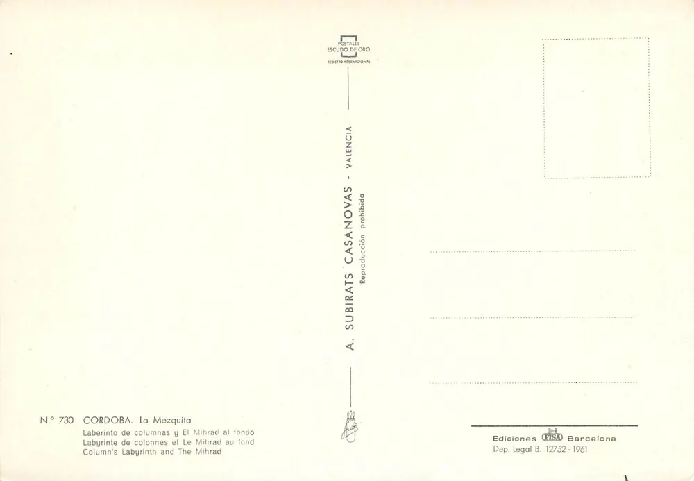 Cordoue. Die Moschee — Labyrinth der Säulen und der Mihrad im Hintergrund — Verlag Escudo de Oro, Nr. 730 - Rückseite