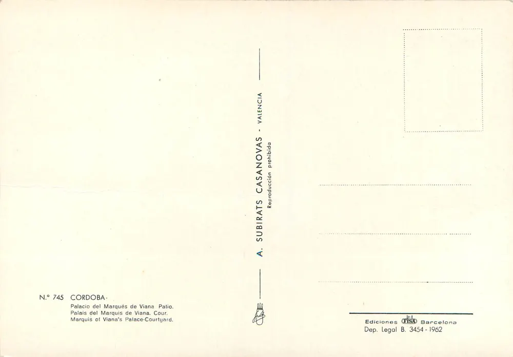 Palacio del Marqués de Viana - Hof — Verlag A. Subirats Casanovas, n° 745 - Rückseite