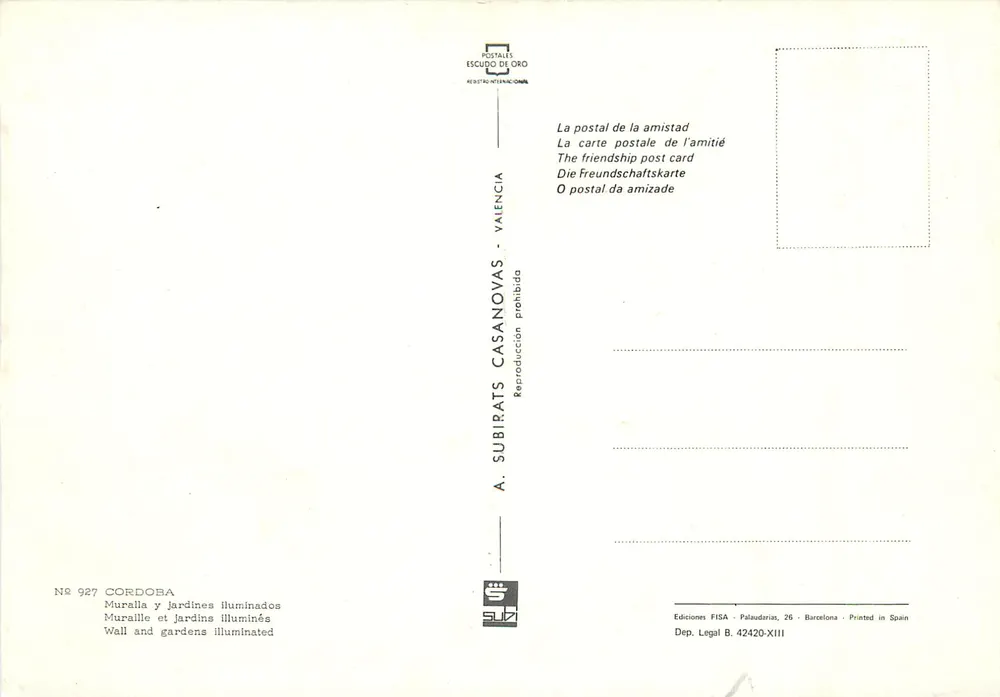 Cordoba — Mauer und beleuchtete Gärten — A. Subirats Casanovas, Nr. 927 - Rückseite