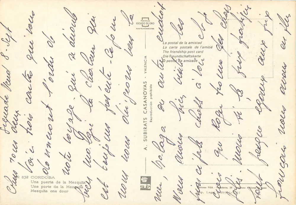 Porte de la Mezquita — Cordoue — Éditeur A. Subirats Casanovas, n° 832 - Verso