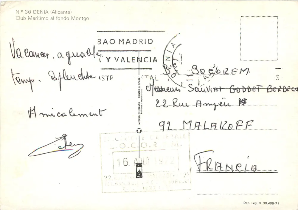 Hafen von Denia — Nautischer Club — Verlag Nr. 30 - Rückseite