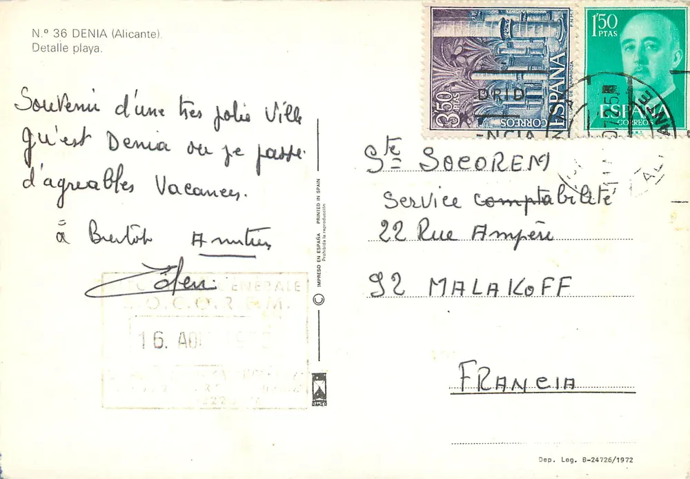 Praia de Denia (Alicante) — vista de férias — Bilhete postal antigo N°36, impressa na Espanha - Verso