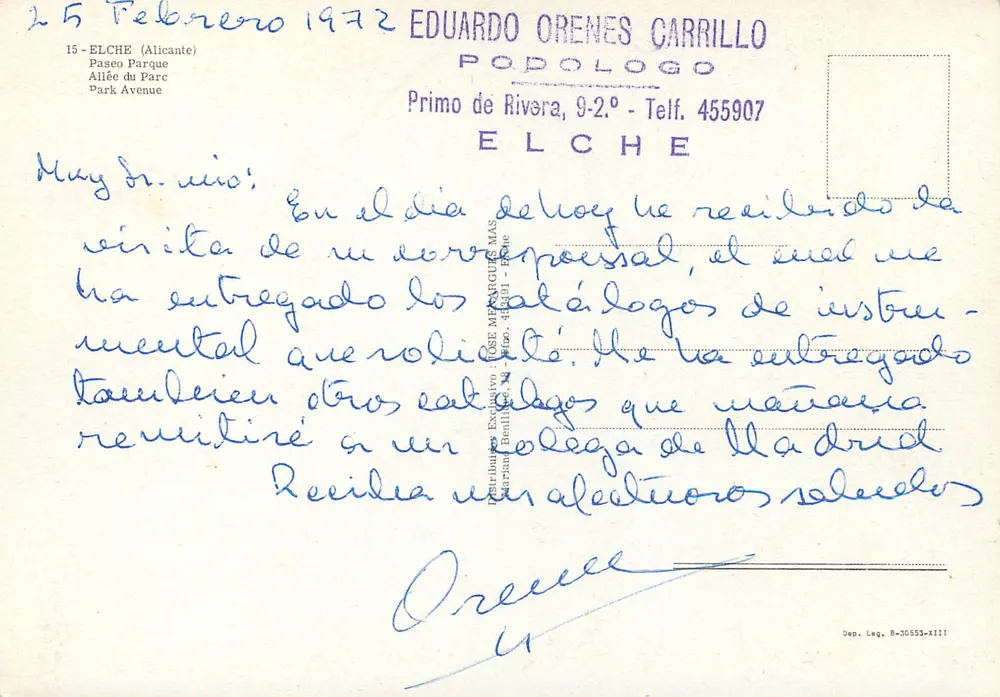 Elche — Paseo Parque — Distribuidor Exclusivo José Mariano Benítez, S.A. - Verso