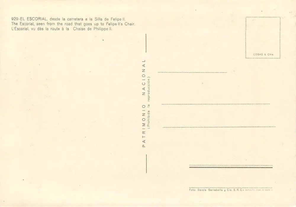 Le Escorial — vu depuis la route menant à la Chaise de Philippe II — éditeur COBAS & Cia, n° 929 - Verso