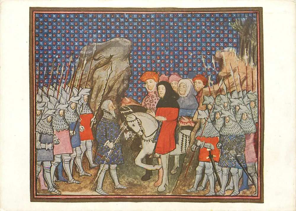 Richard Capturado — miniatura do manuscrito Harley MS. 1319, f. 44 — editor Waterlow & Sons Limited, Londres - Frente