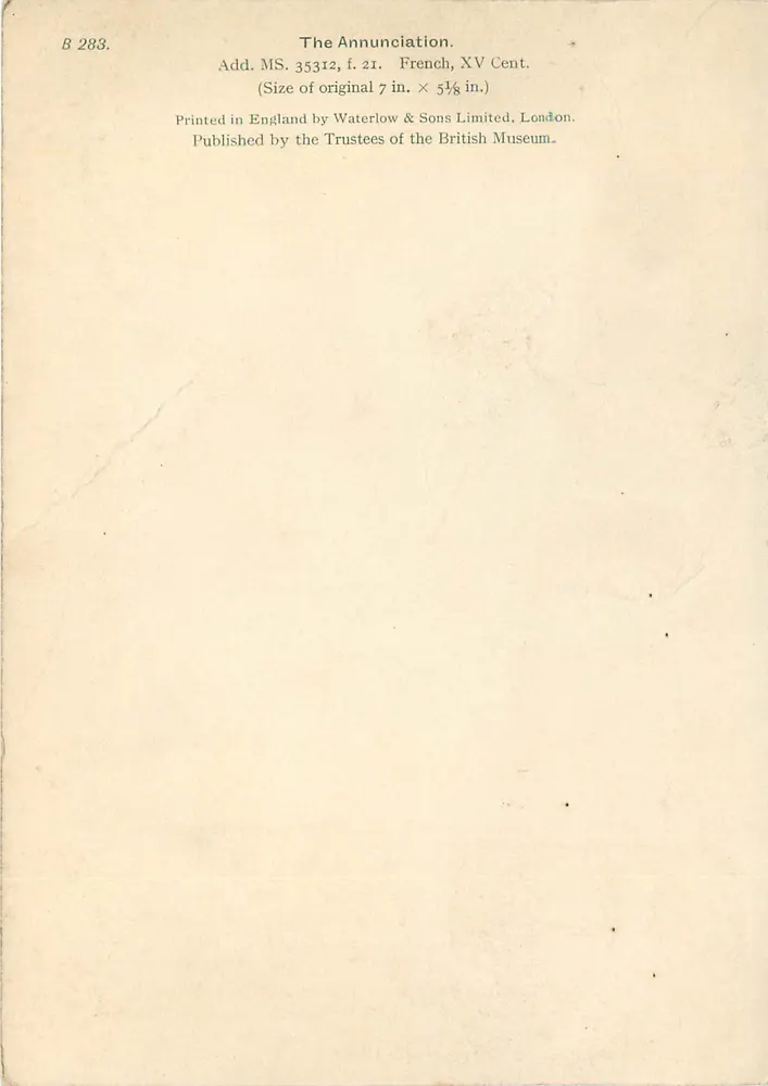 A Anunciação — miniatura medieval francesa — editor Waterlow & Sons Limited, Londres - Verso