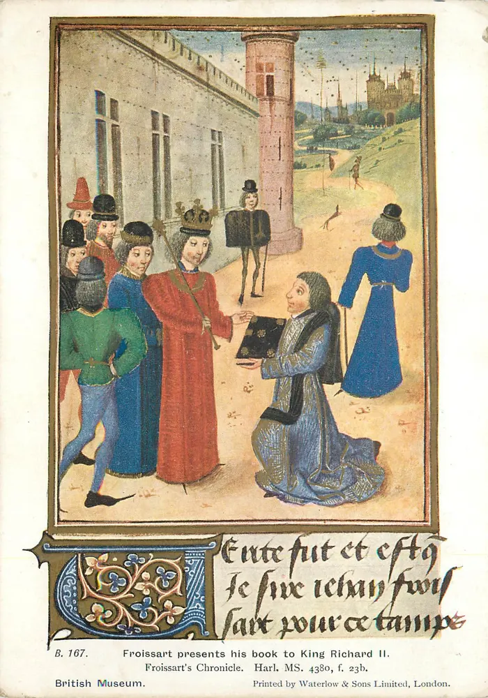 Froissart übergibt sein Buch dem König Richard II — British Museum, Froissart's Chronicle, Harl. MS. 4380, f. 23b — Waterlow & Sons Limited, London - Vorderseite