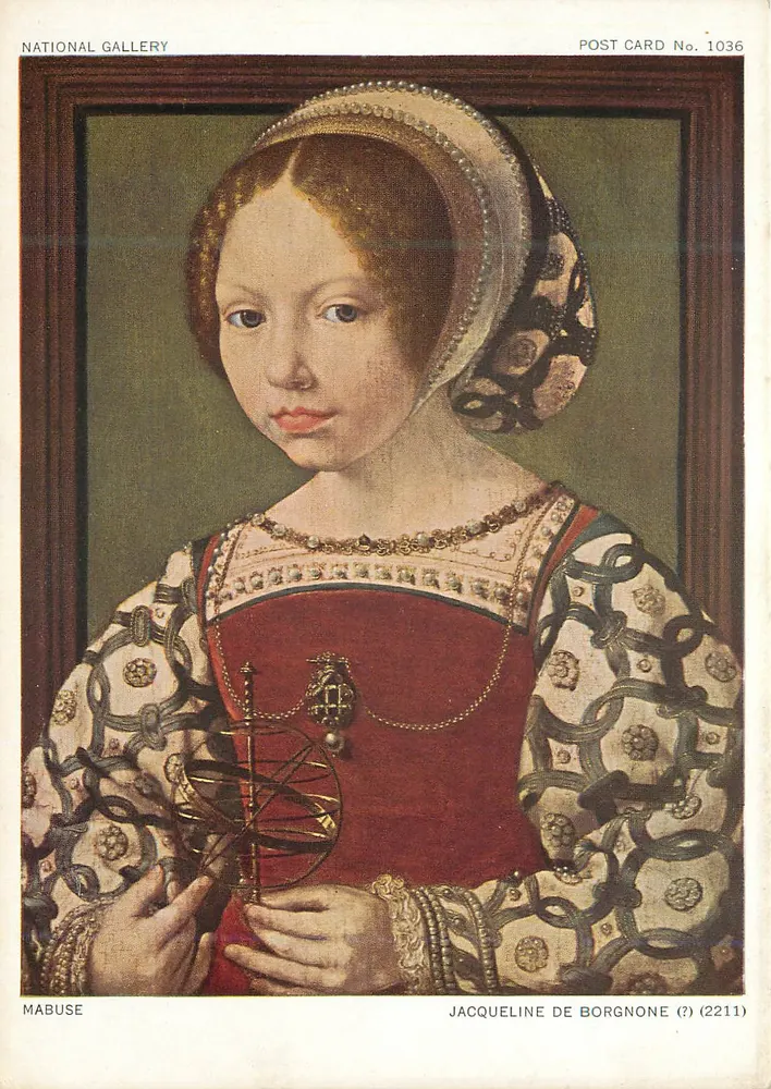Jacqueline de Borgnone — retrato de jovem mulher com astrolábio — National Gallery, cartão postal n.º 1036 - Frente