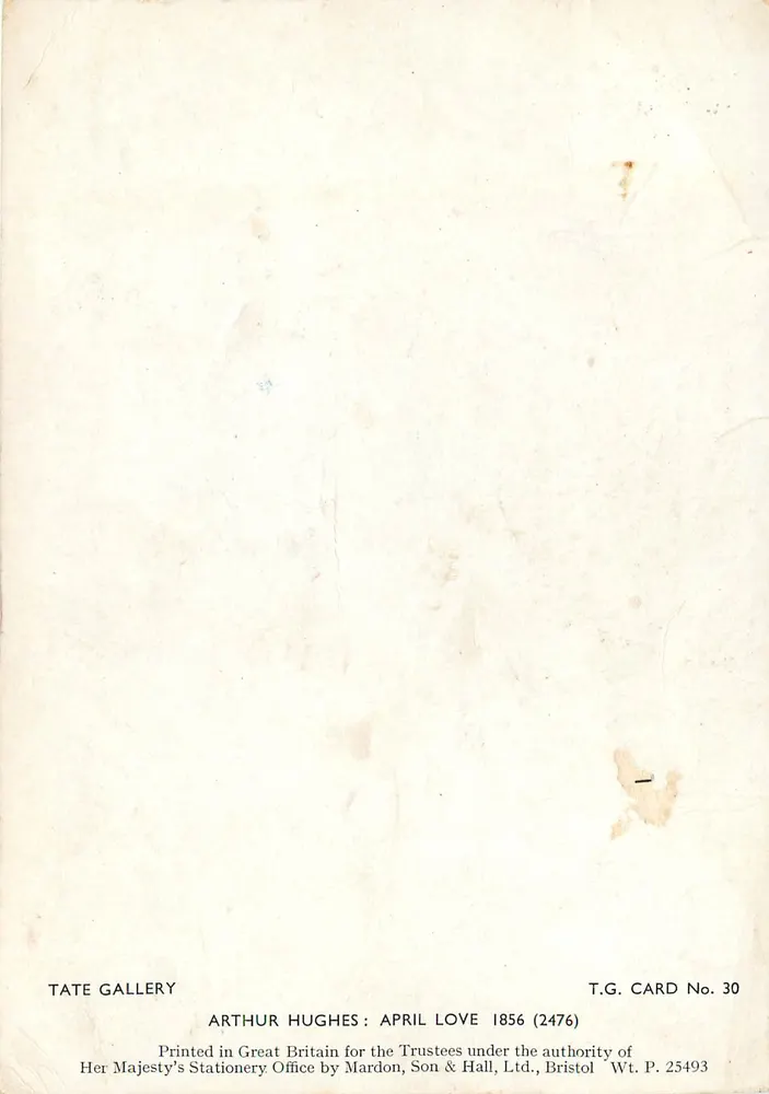 Frau in blauer Robe und Schal — Gemälde von Arthur Hughes — Tate Gallery, T.G. Card No. 30 - Rückseite