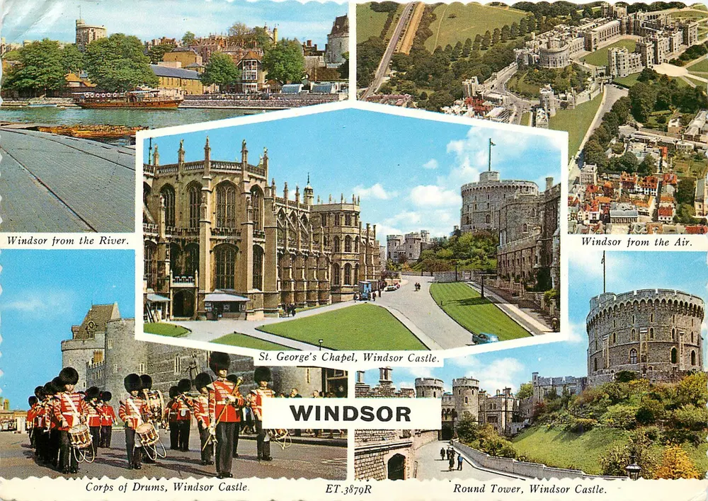 Windsor — St George's Chapel, Round Tower, Corps of Drums, Windsor from the River and from the Air — Valentine Printers & Publishers, Dundee & London, n° ET.3879R - Frente
