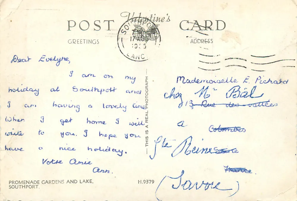 Promenade Gardens and Lake — Southport — Valentine's Postcard, éditeur H.9379 - Verso