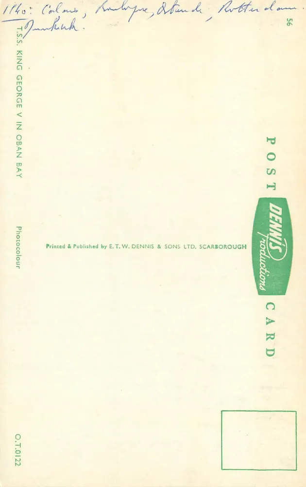 T.S.S. 킹조지5세 오반만 항구에서 — 스코틀랜드 오반 — E.T.W. DENNIS & SONS LTD. SCARBOROUGH - 뒷면