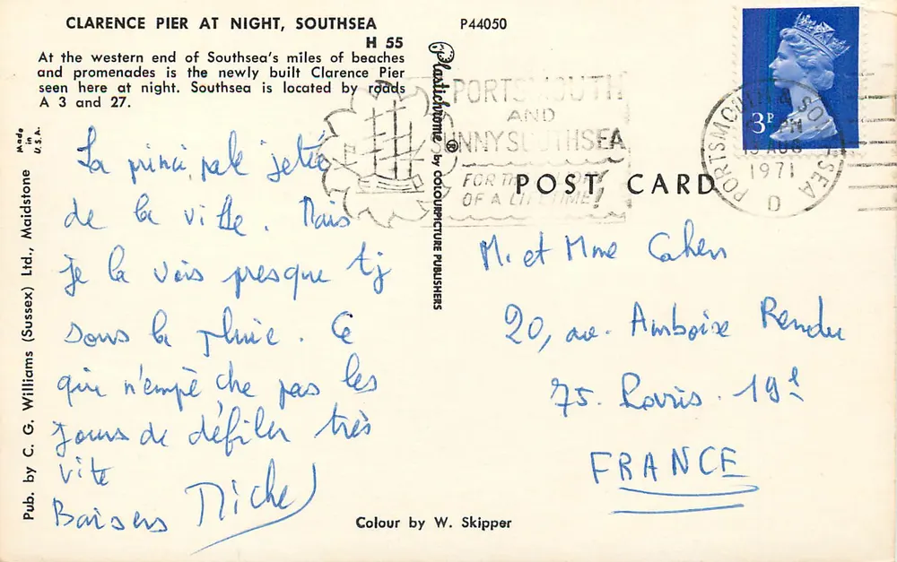 Clarence Pier alla notte — Southsea — Pubblicato da C. G. Williams (Sussex) Ltd. - Verso