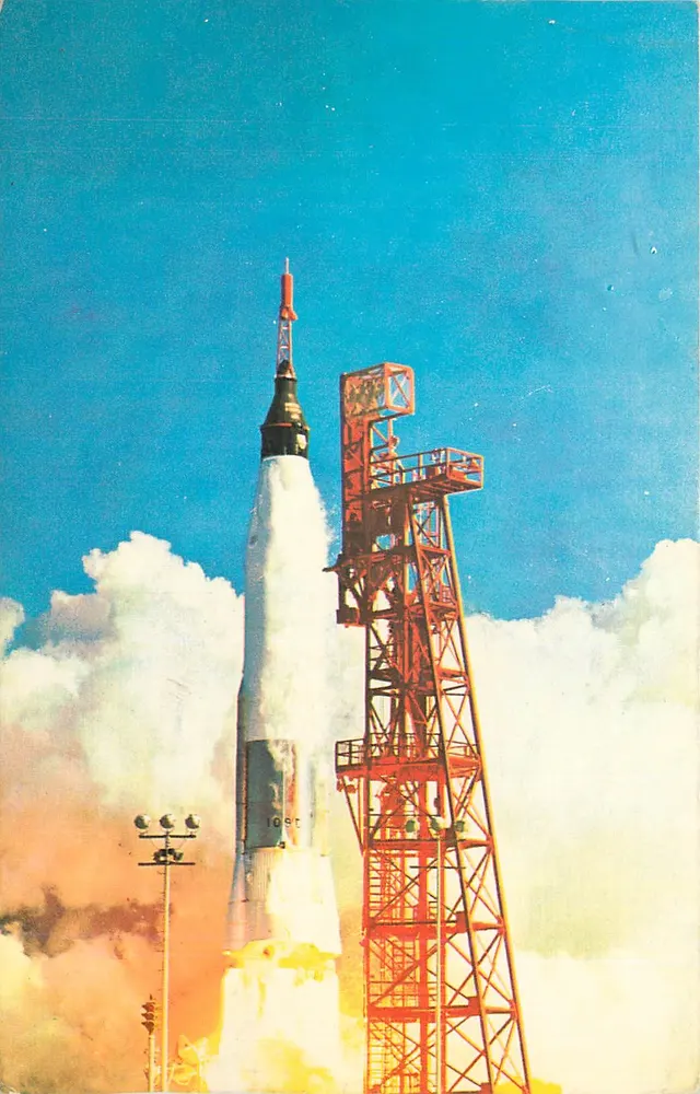 Start der Rakete Mercury Atlas — Friendship 7 — Colormchrome Publishers, Inc. — n° P49566 - Vorderseite