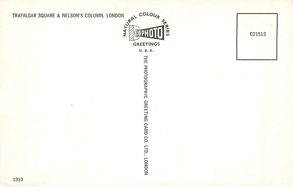 Praça de Trafalgar & Coluna de Nelson, Londres — Série Natural Colour, editor Copphoto - Verso