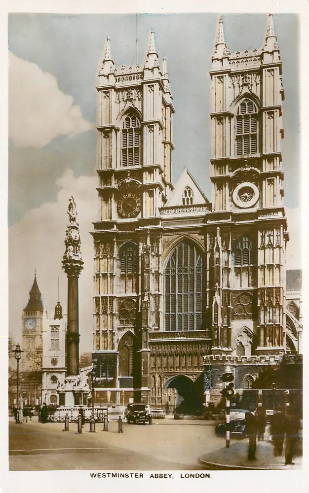 Abadia de Westminster, Londres — vista com a coluna Nelson e a torre de Big Ben — editor não identificado - Frente