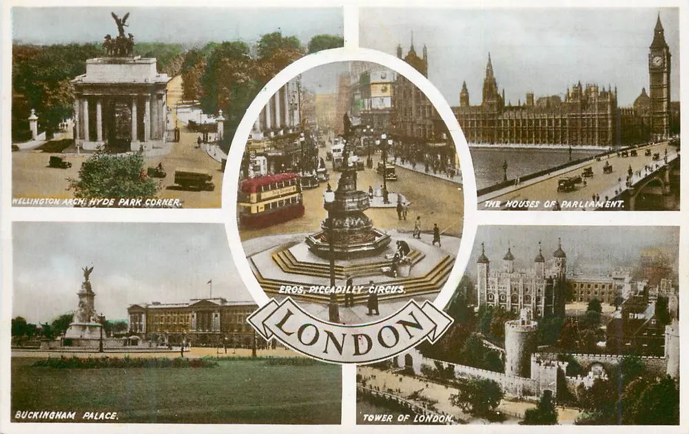 Londyn — widok panoramiczny z Wellington Arch, Eros na Piccadilly Circus, Izby Parlamentu, Pałac Buckinghama i Wieżą Londynu — wydawca nieznany - Awers
