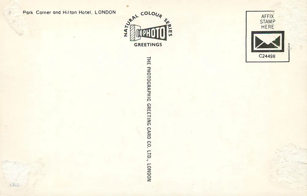 Park Corner e Hilton Hotel — vista panorâmica — The Photographic Greeting Card Co. Ltd., Londres, série C24498 - Verso