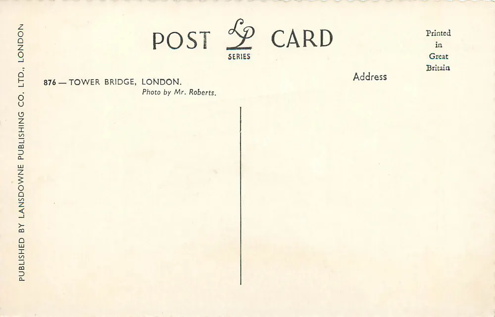 Tower Bridge — Londres — editor Post Series Ltd. n°876 - Verso