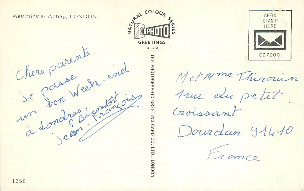 Abadia de Westminster, LONDRES — Série Natural Colour — The Photographic Greeting Card Co. Ltd., Londres, n° 1358 - Verso