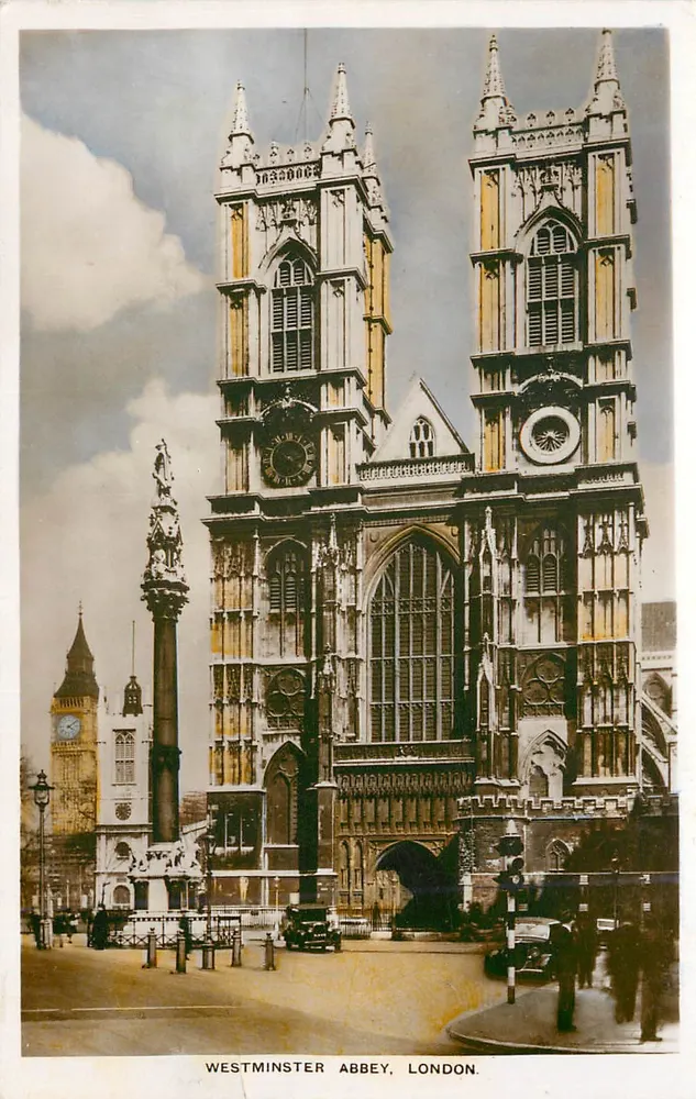 वेस्टमिंस्टर एब्बी, लंदन — नेलसन के स्मारक और बिग बेन के टॉवर के साथ दृश्य — अज्ञात प्रकाशक - आगे
